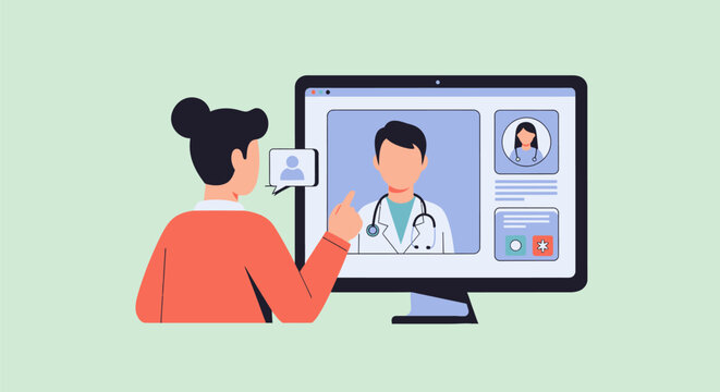 Telemedicine Concept: Patient Consulting Doctor via Video Call on Computer Screen. Digital Healthcare Illustration.