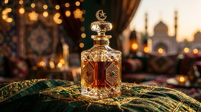 Luxury Arabian Perfume Oil Bottle with Crescent Moon for Ramadan and Eid Celebrations, Elegant Middle Eastern Fragrance and Islamic Gift Concept