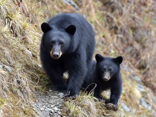 Obraz premium 野生の黒いクマの親子が草の生えた崖のような斜面の細い道を歩いている迫力ある写真