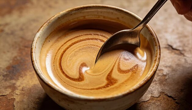 Coffee cup spoon swirl foam creamy hot drink closeup texture latte art spiral swirl in rustic ceramic cup with spoon creating smooth pattern cozy morning beverage rich brown foam creamy coffee swirl