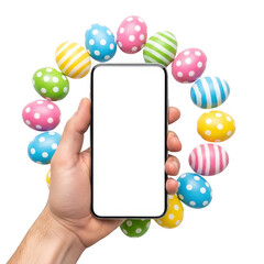 Fototapeta premium Hand holding a smartphone surrounded by colorful lollipops and candy