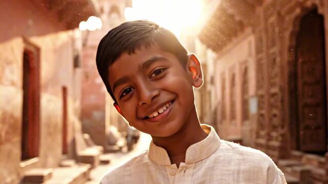 smile boy - Warm golden sunlight bathes a smiling young boy in traditional tunic standing in a narrow sunlit lane lined with ornate carved sandstone walls captured in a candid street portrait