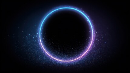 Obraz premium A bright, glowing neon circle, smoothly transitioning from cool blue to warm pink, radiates with subtle, sparkling particles against a deep black background.