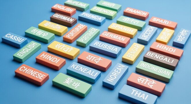 Diverse languages concept with colorful blocks against a blue background representing multilingualism and global communication