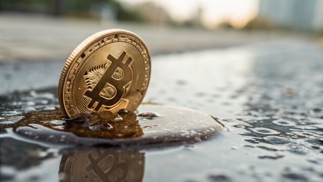 A close-up of a physical Bitcoin coin partially submerged in a small puddle on a wet surface, symbolizing digital currency and financial uncertainty.