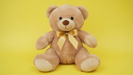Obraz premium Adorable stuffed teddy bear with golden bow tie on a vibrant yellow background