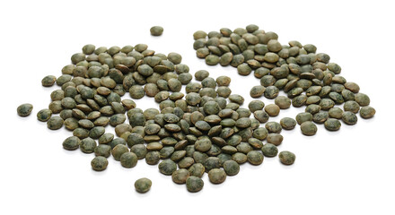 Dry Green Lentils Pile Isolated on White - Healthy Vegan Food Ingredient
