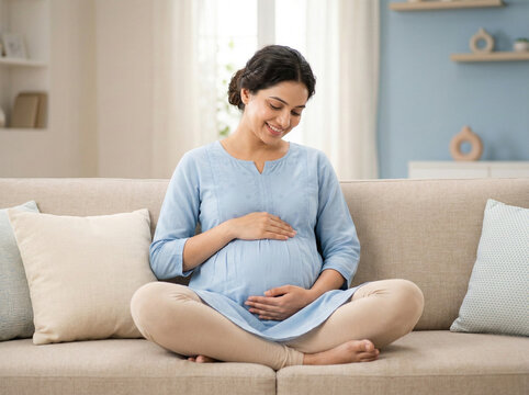 indian pregnant woman sitting cross legged on sofa in powder blue maternity kurti representing prenatal wellness maternal healthcare and maternity insurance campaign concept