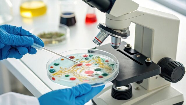 Scientist wearing blue gloves uses a pipette to add samples into a petri dish under a microscope in a laboratory setting.