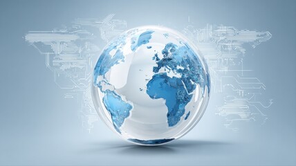 Global sphere showcasing international continents in cool blue tones, representing worldwide connectivity and global presence
