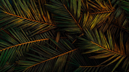 Naklejka premium Date palm leaf texture creating dramatic directional shadows falling on the leaves during sunrise, background for text on Palm Sunday