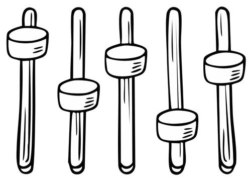 Hand drawn collection of five audio mixer sliders and faders with different positions