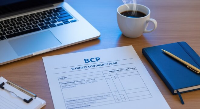 Business Continuity Plan Document on Desk with Laptop, Coffee, and Notepad for Corporate Preparedness