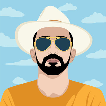 1693_Young bearded handsome man wearing summer hat and aviator sunglasses