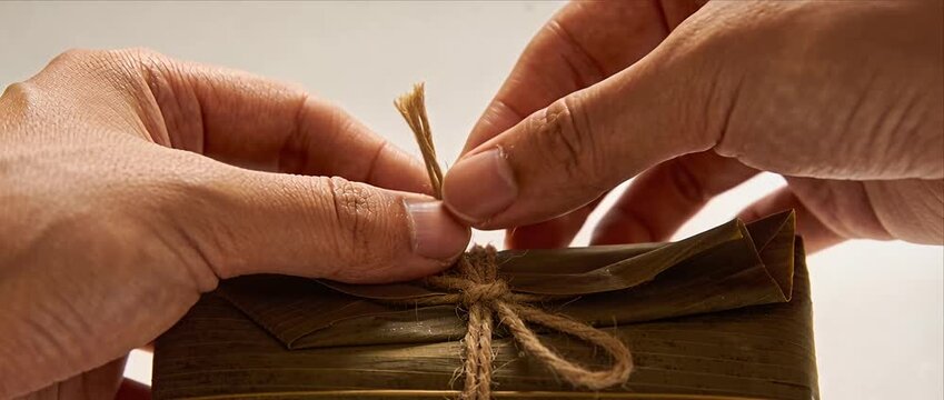 Hand rope knot package leaf wrap closeup natural brown craft finger skin tie string twine gift box texture organic material traditional detail homemade present binding preparation delicate care