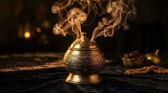 Ornate Brass Incense Burner with Rising Smoke for Ramadan Kareem and Eid Mubarak Celebration Background