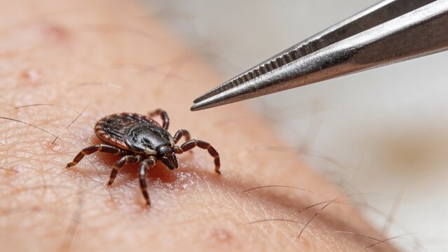 Close-up of a tick being removed from human skin with tweezers, showcasing the insect's detailed features and the surrounding skin texture