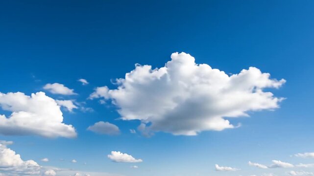 Serene blue sky with fluffy white clouds floating gently across the landscape viewed from a distance