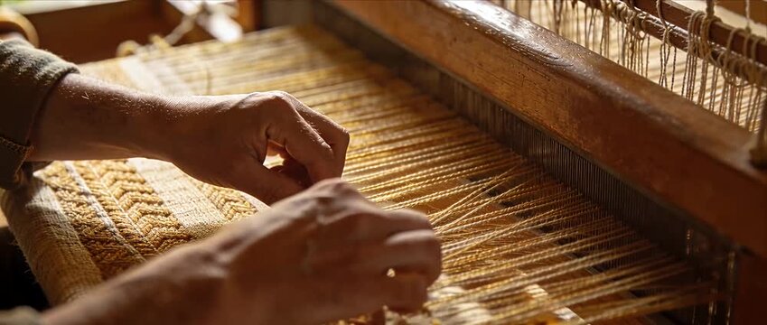 Hand weaving loom artisan craft textile thread fabric workshop traditional yarn pattern vintage wood detail warm light focused maker creating warm textile fabric in traditional craft workshop