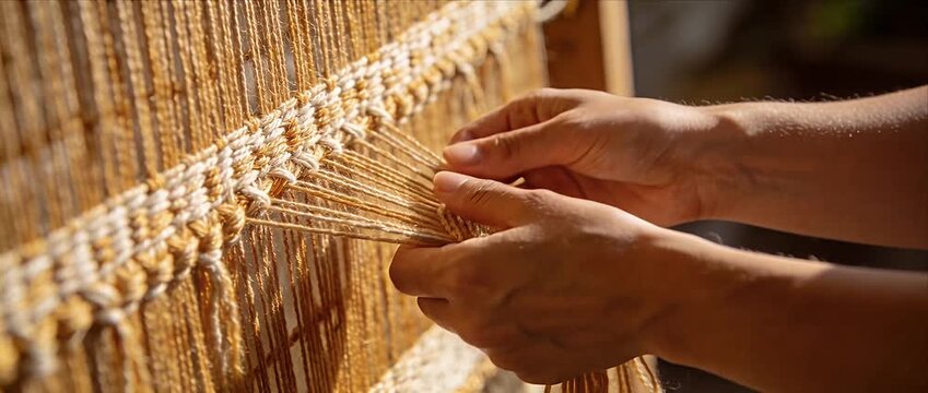 Hand weaving loom thread craft artisan textile fabric fiber technique with warm sunlight highlighting detail and texture traditional handmade pattern close focus view showing woven textile artisan