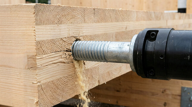 Mass timber construction fastening using a mechanical tool to drive a heavy structural screw into a glulam beam