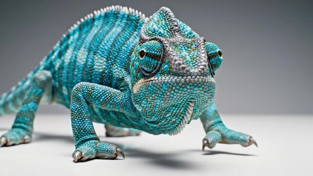 Colorful chameleon crawling on surface. Chameleon displays vibrant scales and unique patterns. Close-up shot captures remarkable details and textures in natural light.