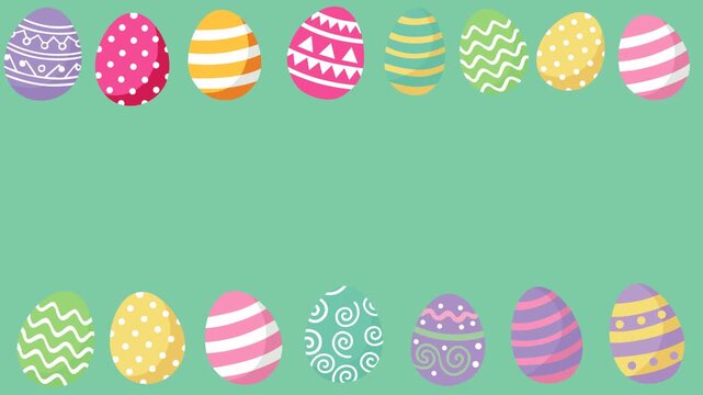Festive Easter footage featuring colorful patterned eggs arranged as a top and bottom border on a soft green background. Perfect for holiday greetings, spring promotions, children content, seasonaL