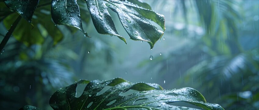 Monstera leaf tropical plant jungle rain with green foliage and water drop rainforest, macro nature lush vegetation natural background and fresh leaf, tropical wet foliage green plant leaves with