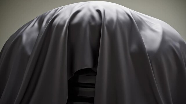Artistic reveal of mysterious object under draped fabric. Captivating visual creates anticipation and curiosity. Elegant atmosphere enhances exploration of art and design.