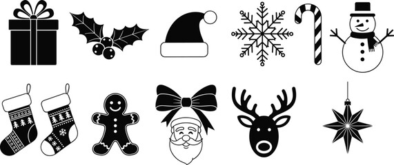 Christmas holiday silhouettes, festive gift snowflake candy cane icons, Santa reindeer snowman figures, seasonal decoration artwork - flat vector illustration © MD Tariful islam