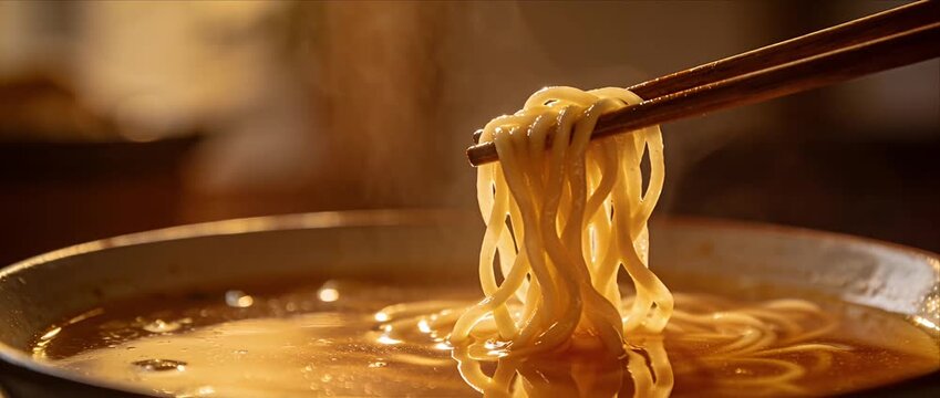 Hot Asian noodle soup with chopstick, steaming broth and savory ramen bowl for cozy dinner, warm comfort food cuisine in closeup with soft wheat noodles and delicious steam