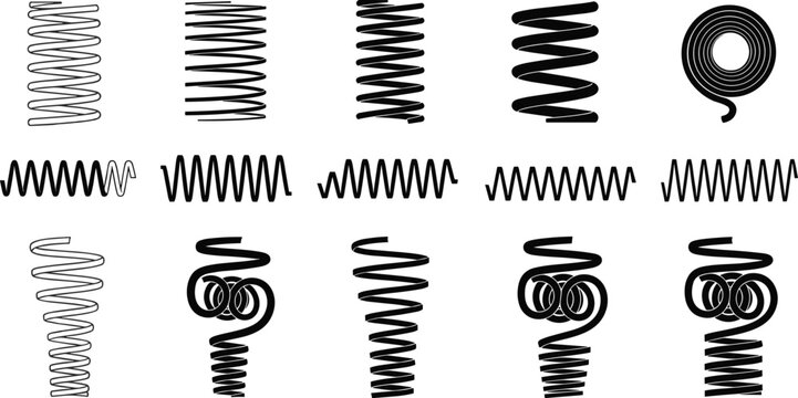 Collection of diverse spring coil designs, mechanical component variations in black and white, industrial engineering illustration set for design concepts, flat vector illustration