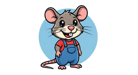 Smiling cartoon mouse wearing blue overalls and red shirt standing in front of light blue circle on white background