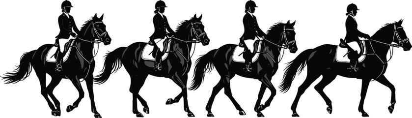 Horse riding silhouettes, equestrian sport, rider on horse, galloping motion, concept, competition design, flat vector illustration