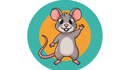 Friendly cartoon mouse waving in a teal and orange circle background