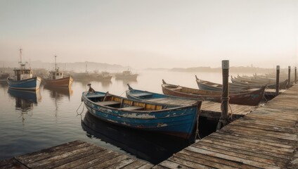 Fototapeta premium Misty Morning at the Harbor - Boats Moored by Wooden Pier.