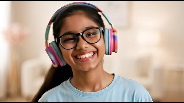 Joyful Indian girl wearing modern eyewear and vibrant headphones listening to music, representing neurodiversity and inclusive representation with a cheerful expression and happy mood.