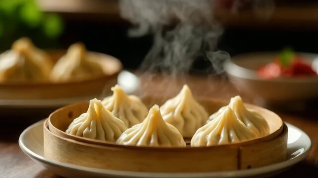 Steamed dumplings in a bamboo steamer. The dumplings are round with pleated tops, served on a wooden table with fresh herbs and dipping sauce.