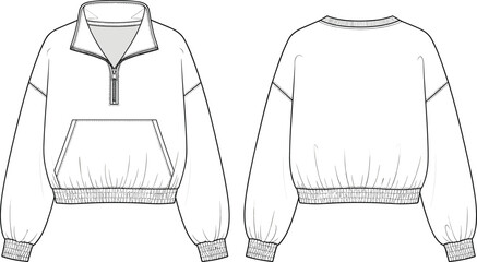 Pullover sweatshirt fashion technical drawing, half zip garment icons, kangaroo pocket apparel figures, casual clothing construction artwork - flat vector illustration © MD Tariful islam