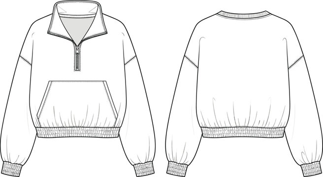 Pullover sweatshirt fashion technical drawing, half zip garment icons, kangaroo pocket apparel figures, casual clothing construction artwork - flat vector illustration