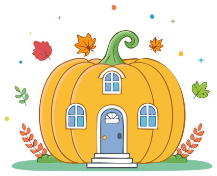 Whimsical fairytale pumpkin house cartoon with falling autumn leaves on a white background