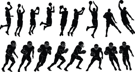 Basketball football silhouettes, athlete sports icons, dynamic action figures, running dunking shooting artwork, athletic design elements - flat vector illustration © MD Tariful islam
