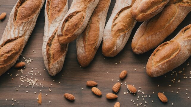 A top-down shot of several freshly baked baguettes with sesame seeds and almonds scattered on a rustic wooden table.