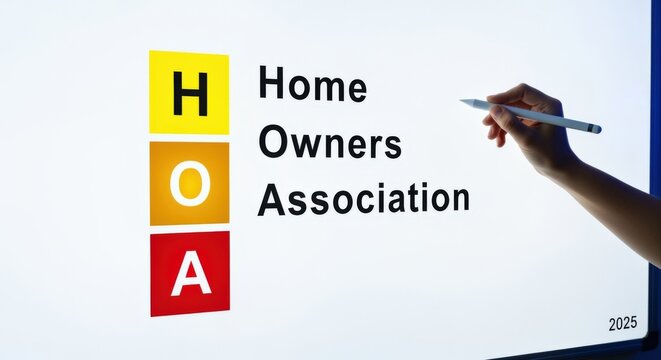 Home Owners Association Presentation Display: Man Explaining HOA Concepts on Digital Screen in Bright Colors