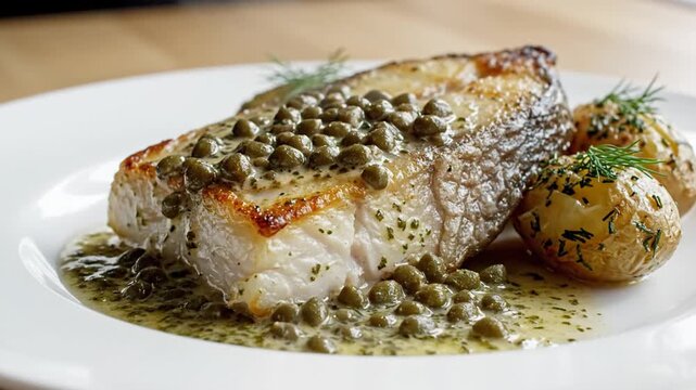 Pan-seared fish fillet with caper sauce and roasted potatoes
