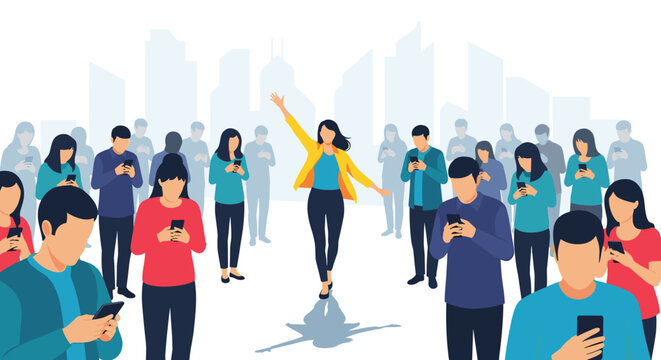 Cheerful woman celebrating and raising her arms in a crowd of diverse people busy looking down at their smartphones.