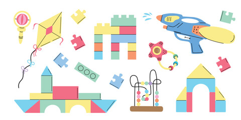 Fototapeta premium Colorful children toys illustration featuring building blocks, kite, rattle, bead maze, water gun, puzzles and stacking shapes