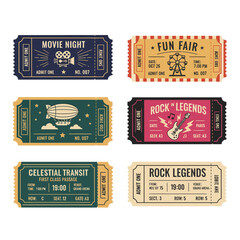 Vintage Event Ticket Collection with Retro Designs for Movie Night Fun Fair Rock Legends and Celestial Transit Admit One Pass Templates for Invitation and Branding Design © Tharusha