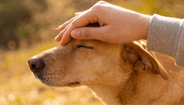 Calm gentle dog pet animal with human hand touch on head showing care love trust and affection warm outdoor autumn light peaceful friendship bond and comfort scene