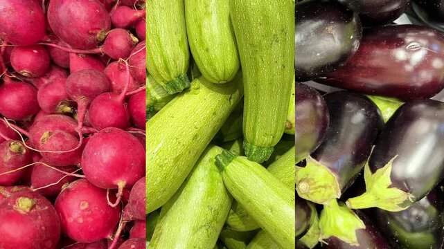 supermarket vegetable counters, various vegetables (eggplant, radish, zucchini)